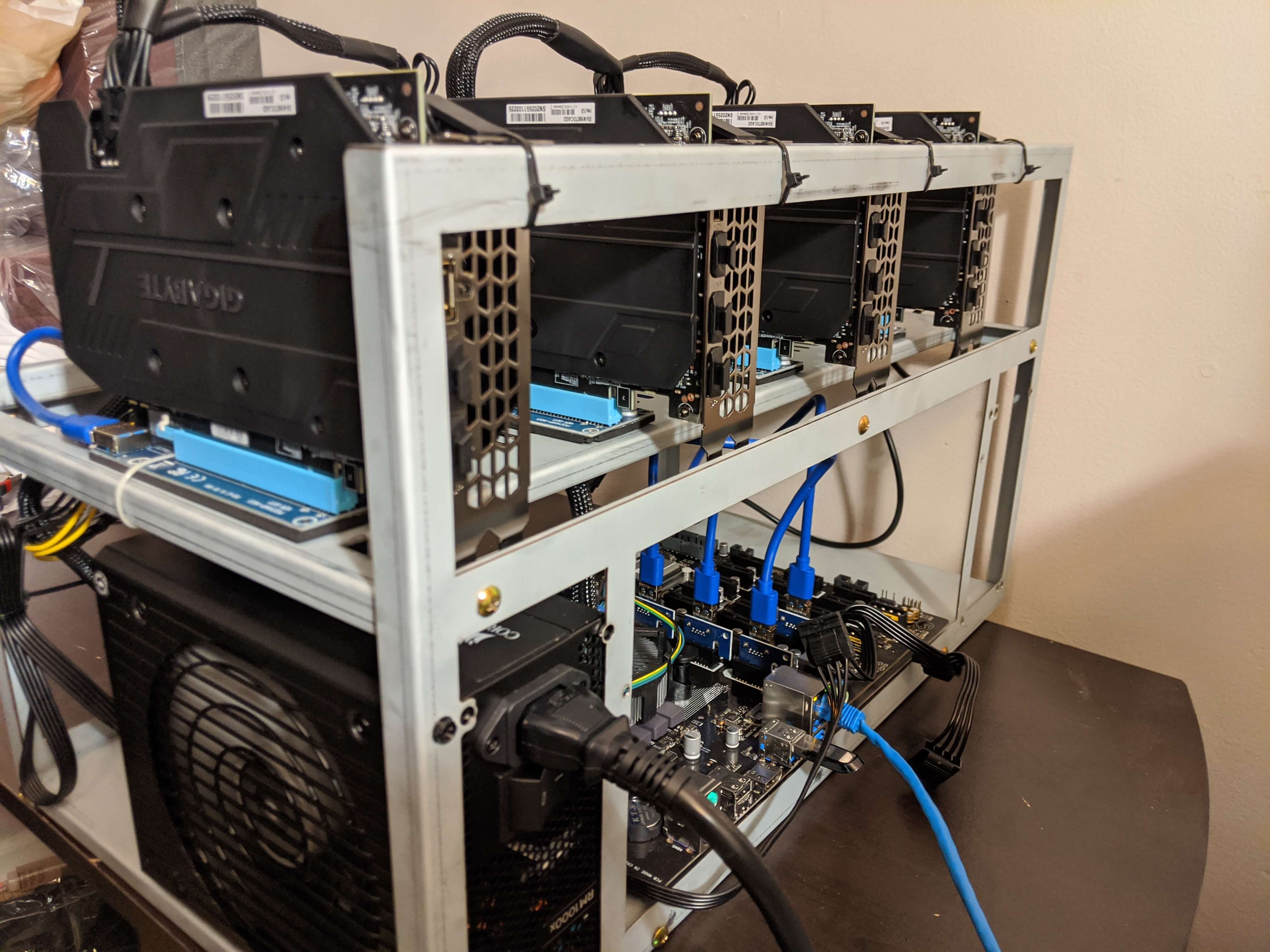 Back of rig showing the motherboard connectors close up.